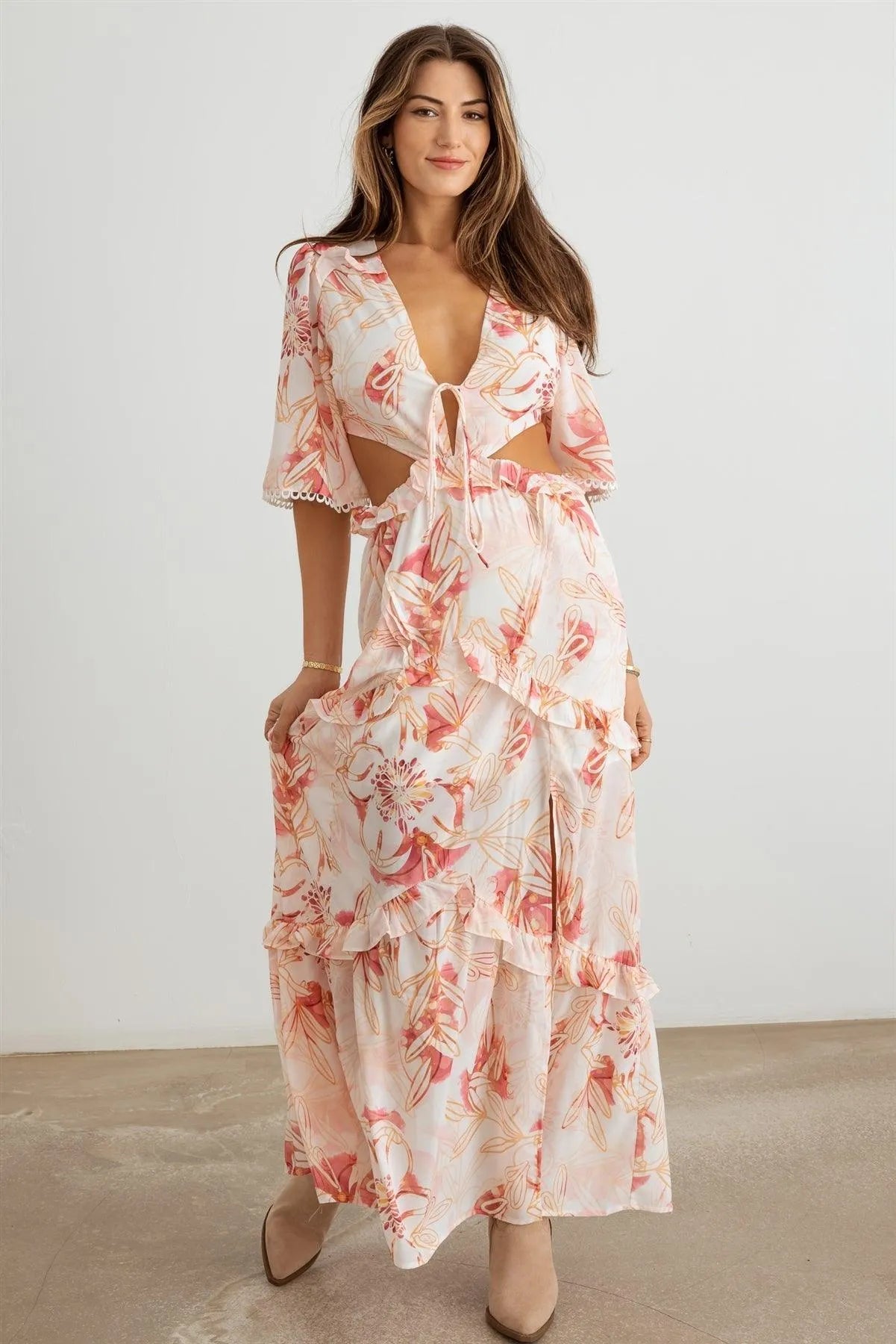 Flower Western Ruffle Cut-Out V-Neck Maxi Dress - Tasha Apparel Wholesale