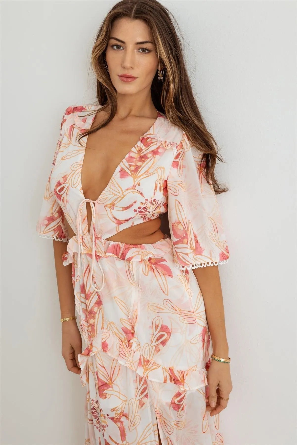 Flower Western Ruffle Cut-Out V-Neck Maxi Dress - Tasha Apparel Wholesale