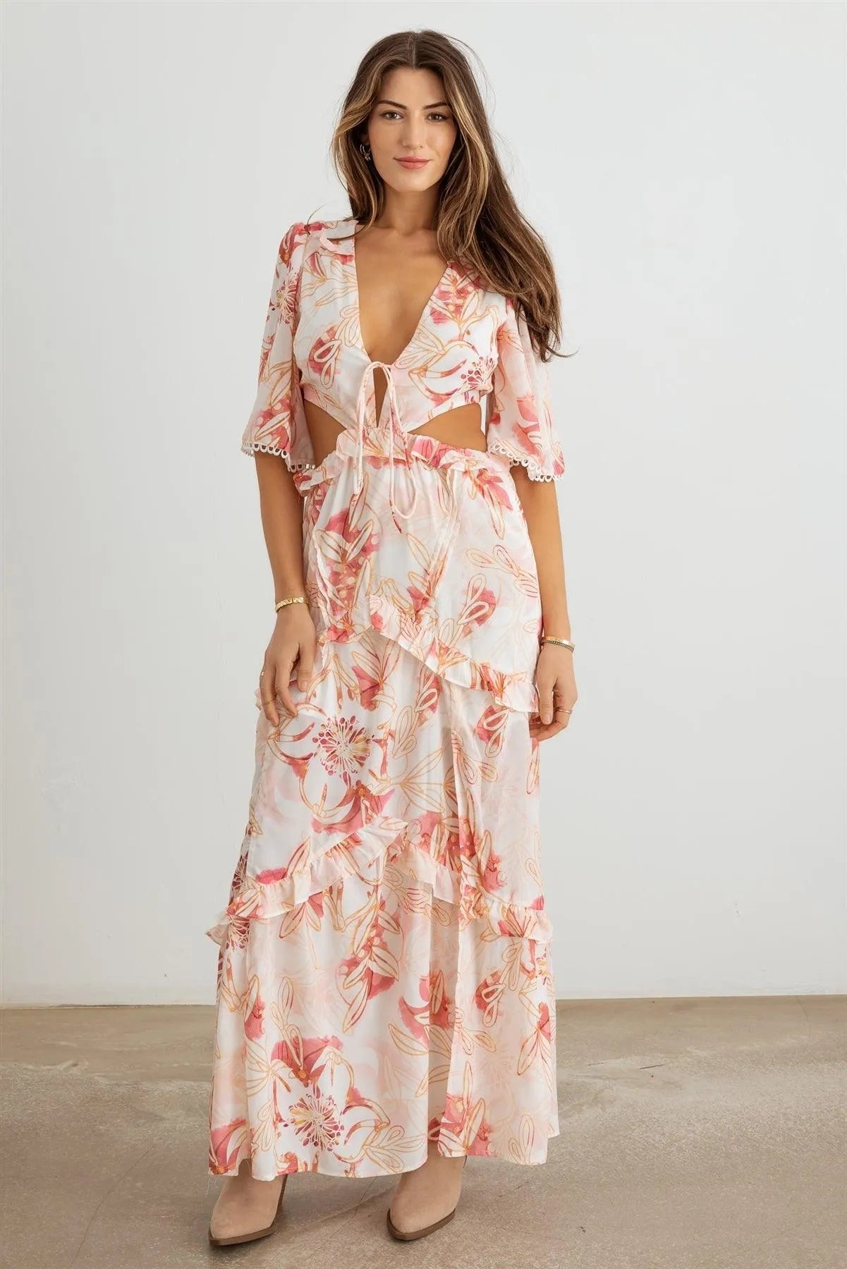 Flower Western Ruffle Cut-Out V-Neck Maxi Dress - Tasha Apparel Wholesale