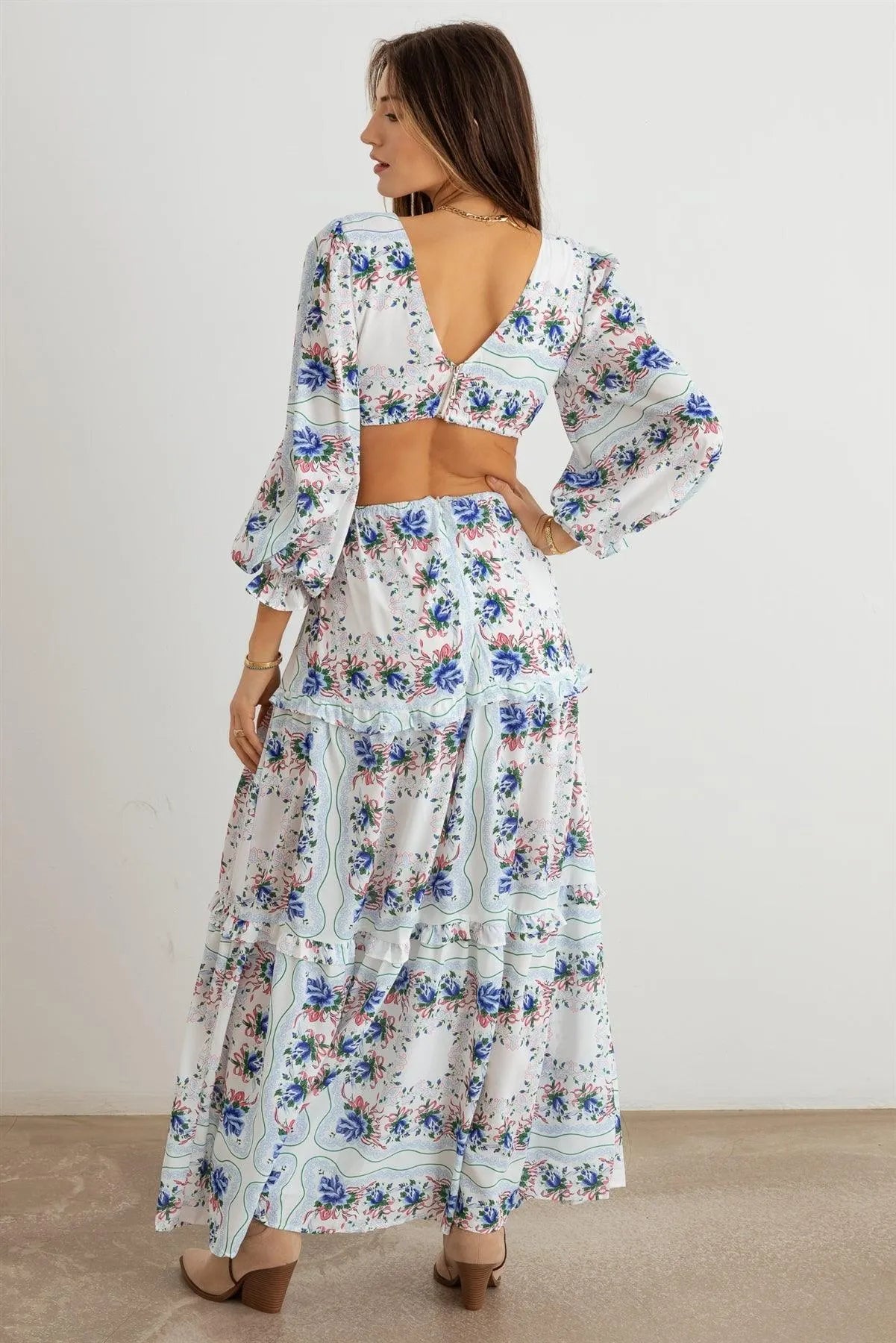 Floral Ruffle Criss-Cross Waist O-Ring Maxi Dress - Tasha Apparel Wholesale