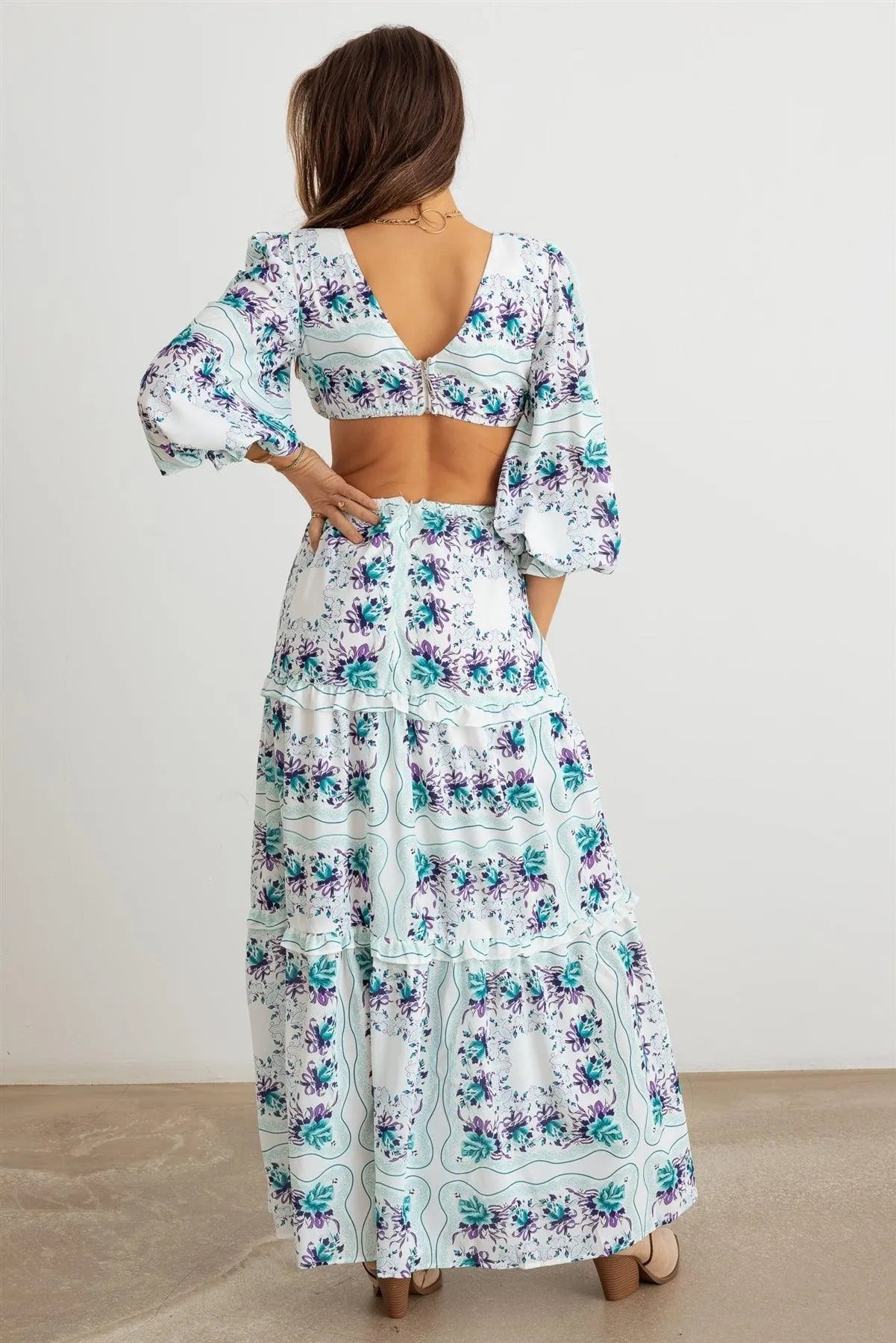 Floral Ruffle Criss-Cross Waist O-Ring Maxi Dress - Tasha Apparel Wholesale