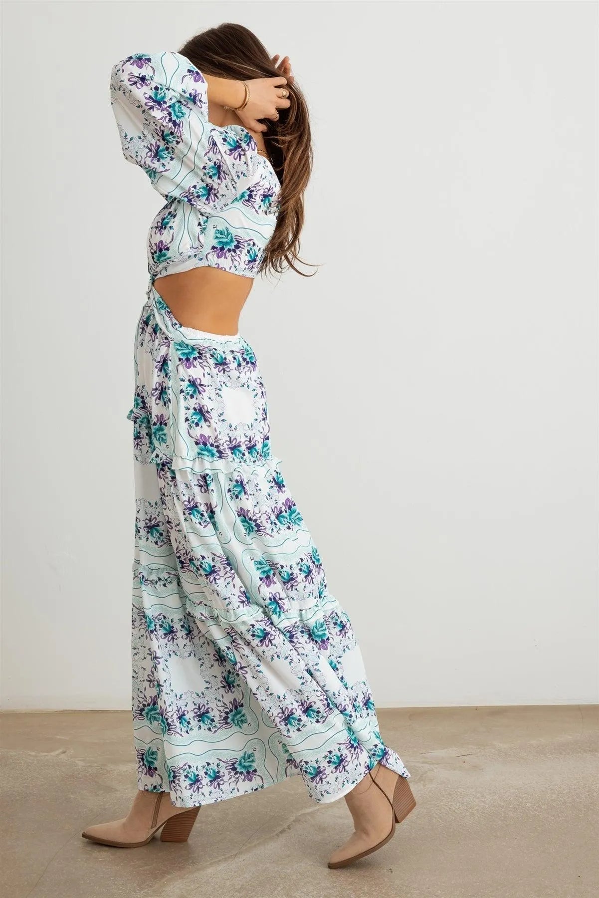 Floral Ruffle Criss-Cross Waist O-Ring Maxi Dress - Tasha Apparel Wholesale