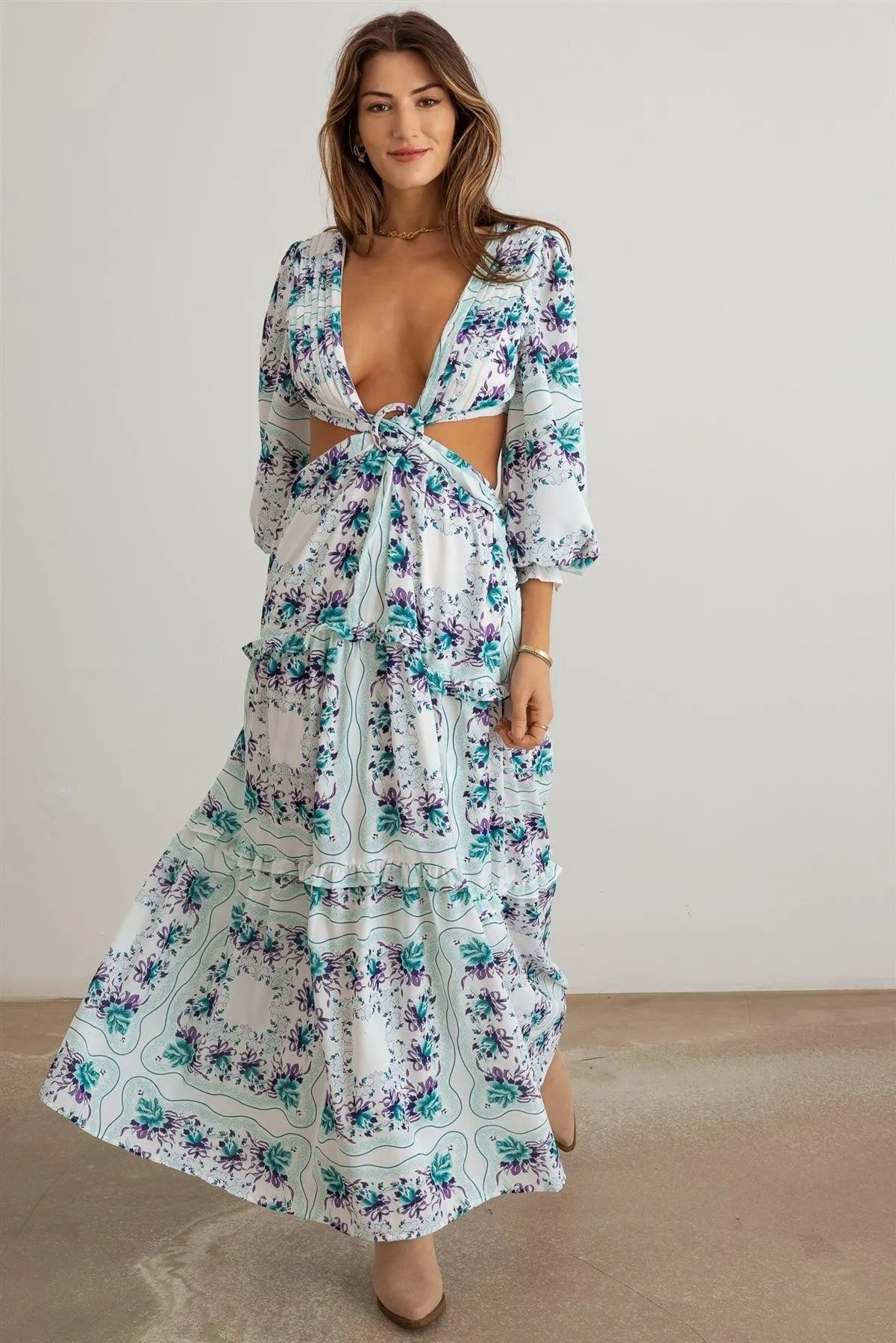 Floral Ruffle Criss-Cross Waist O-Ring Maxi Dress - Tasha Apparel Wholesale