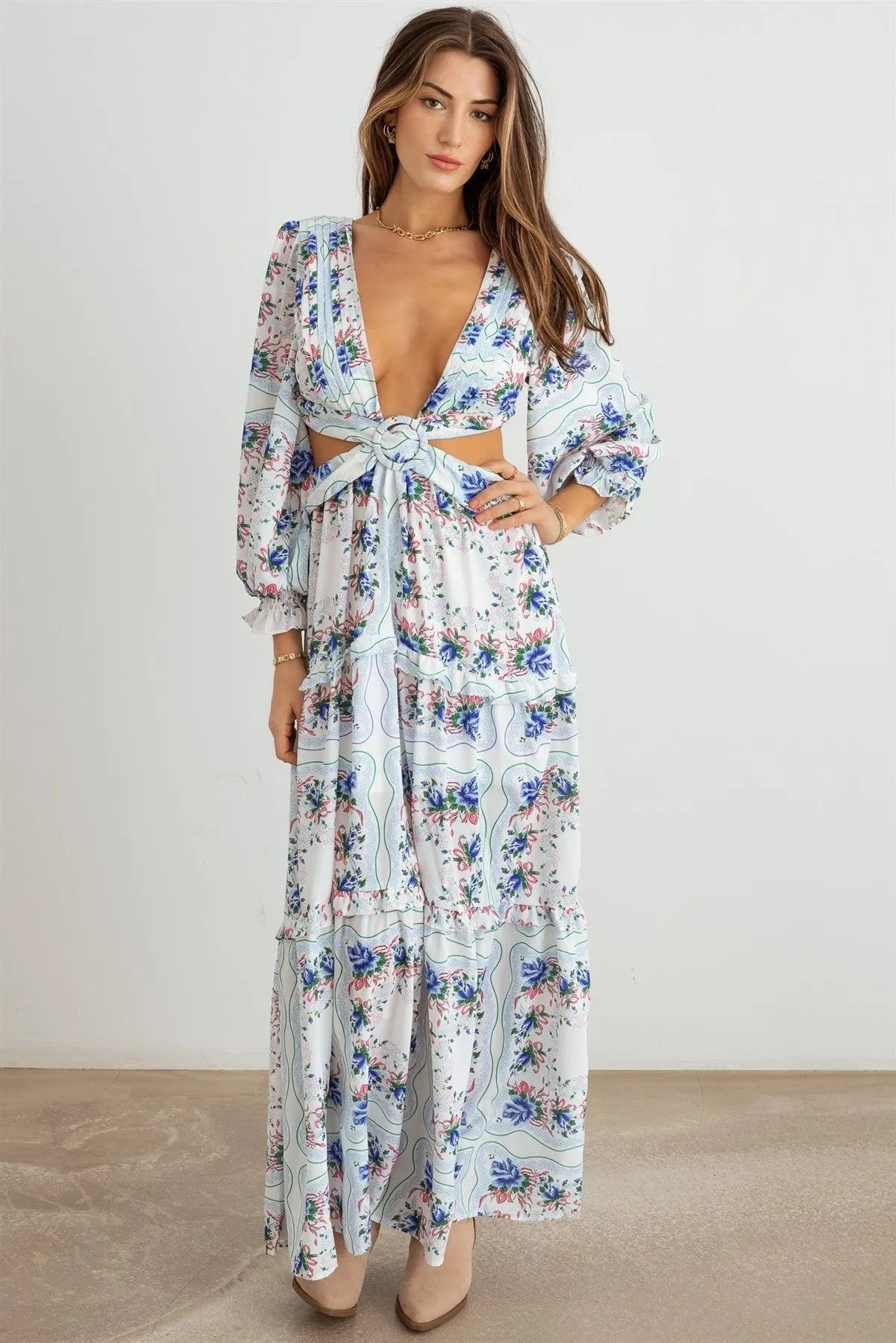 Floral Ruffle Criss-Cross Waist O-Ring Maxi Dress - Tasha Apparel Wholesale