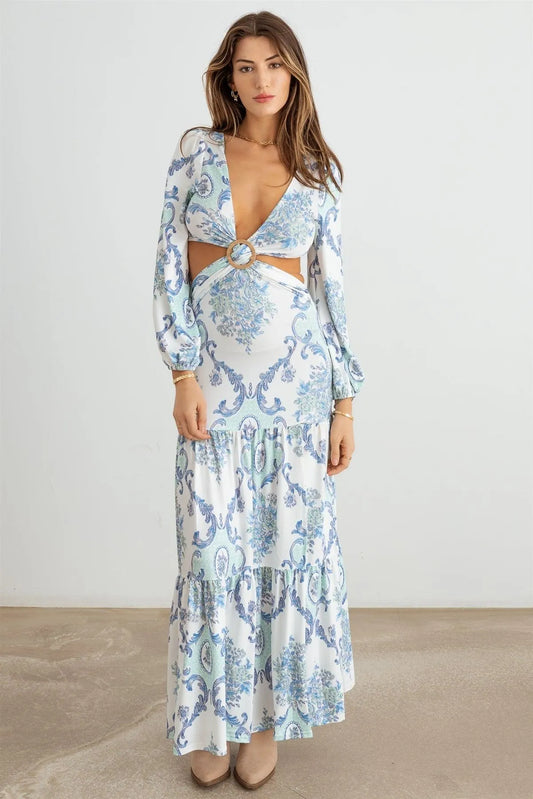 Paisley Criss-Cross O-Ring Open Back Maxi Dress - Tasha Apparel Wholesale