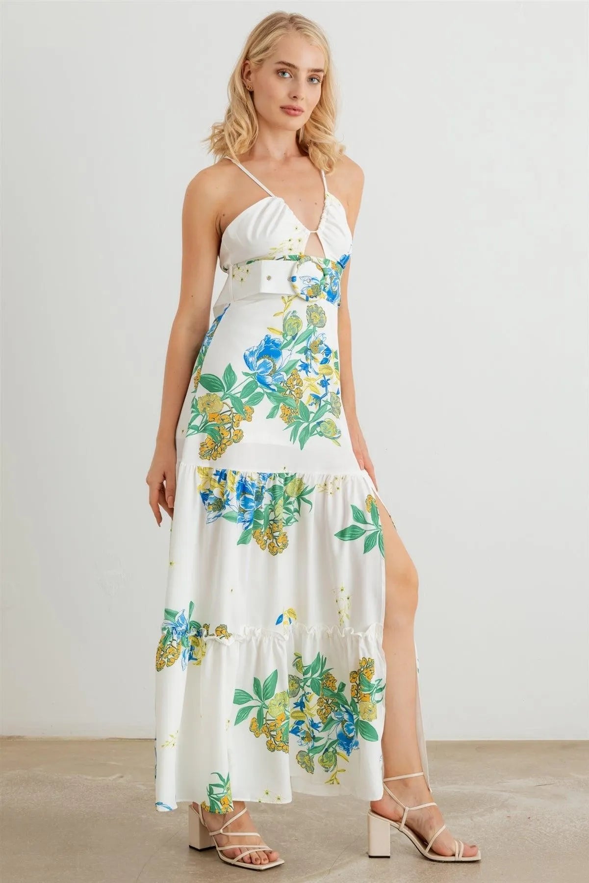 Floral Halter Neck Belted Flare Hem Maxi Dress - Tasha Apparel Wholesale