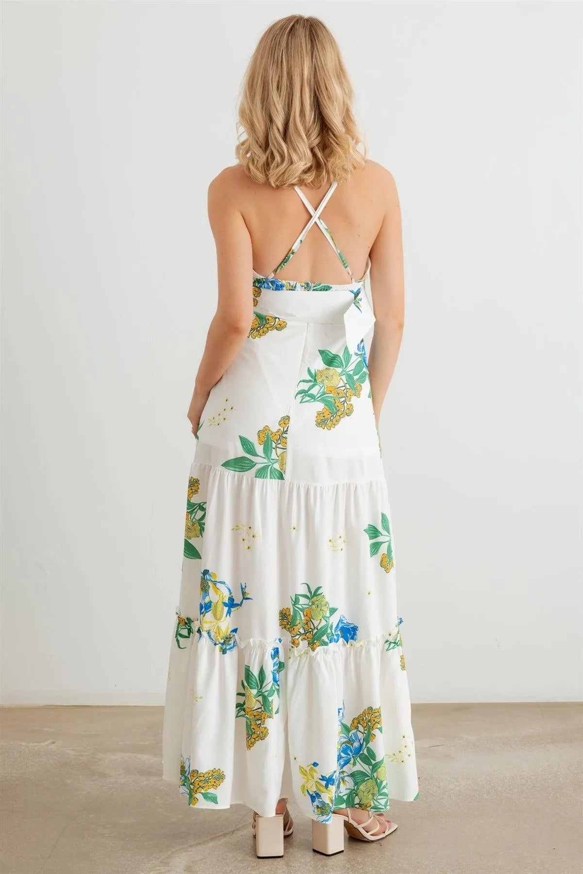 Floral Halter Neck Belted Flare Hem Maxi Dress - Tasha Apparel Wholesale
