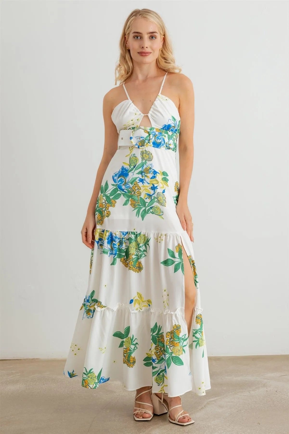 Floral Halter Neck Belted Flare Hem Maxi Dress - Tasha Apparel Wholesale