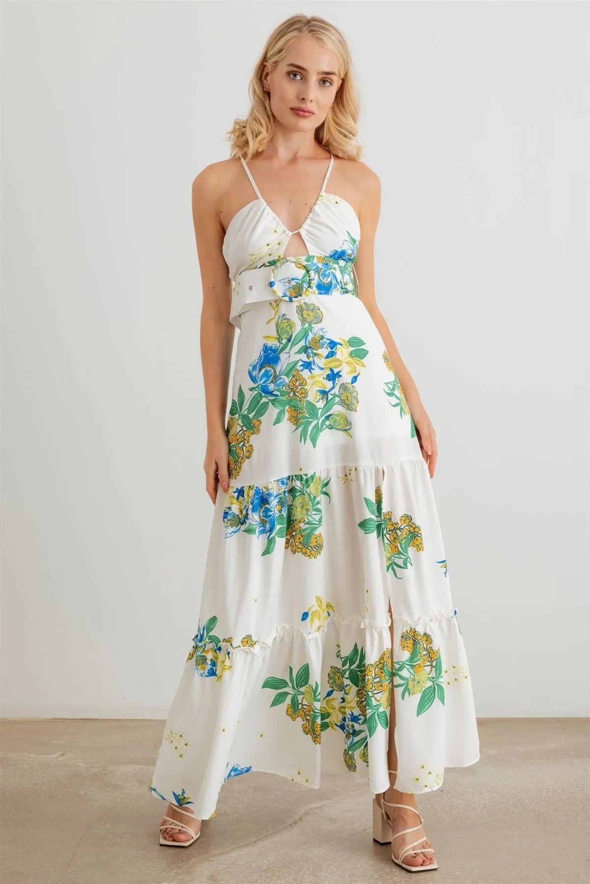 Floral Halter Neck Belted Flare Hem Maxi Dress - Tasha Apparel Wholesale