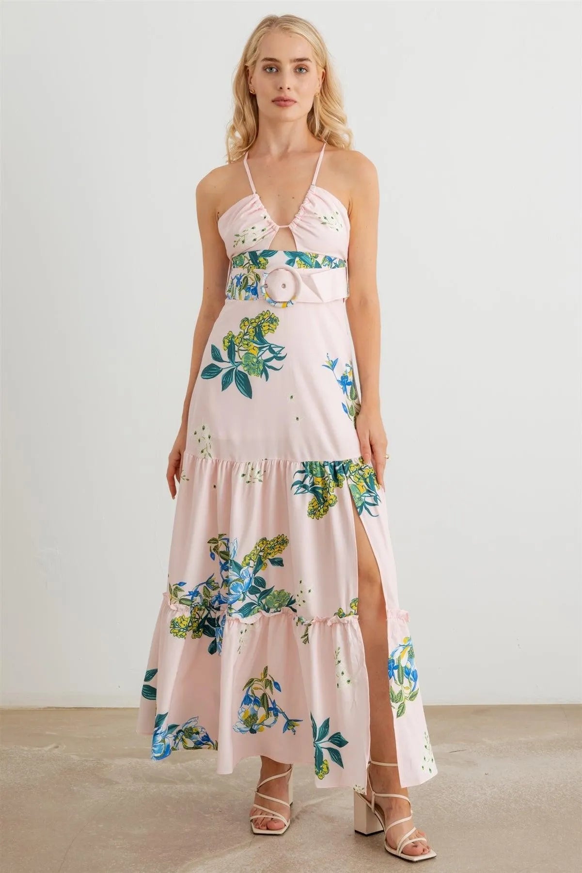 Floral Halter Neck Belted Flare Hem Maxi Dress - Tasha Apparel Wholesale