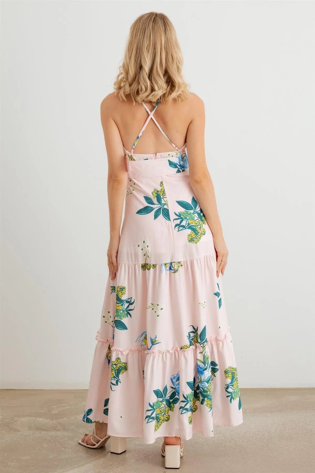 Floral Halter Neck Belted Flare Hem Maxi Dress - Tasha Apparel Wholesale