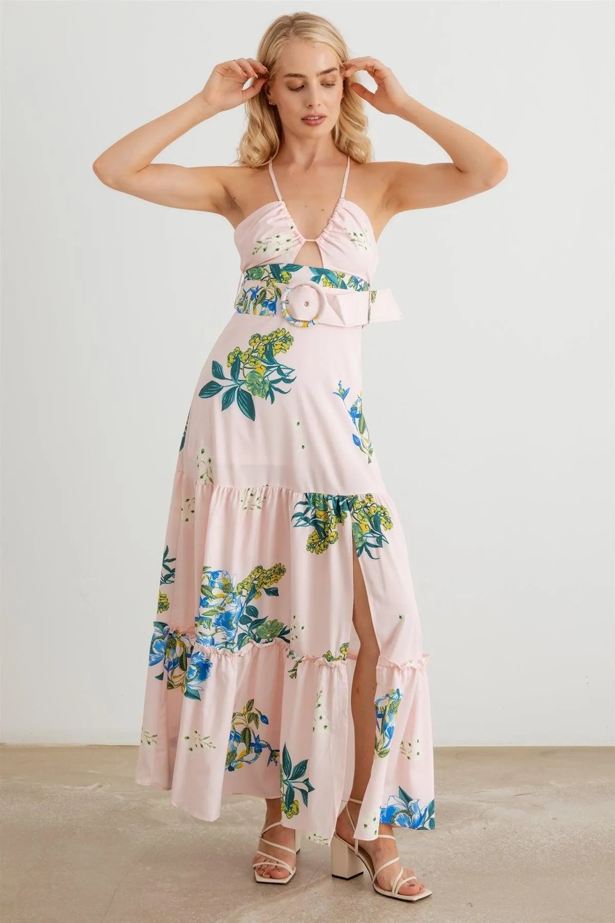 Floral Halter Neck Belted Flare Hem Maxi Dress - Tasha Apparel Wholesale