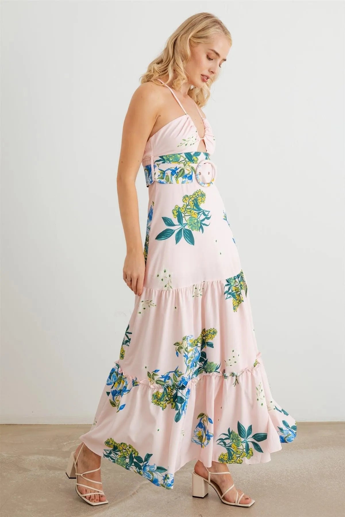 Floral Halter Neck Belted Flare Hem Maxi Dress - Tasha Apparel Wholesale