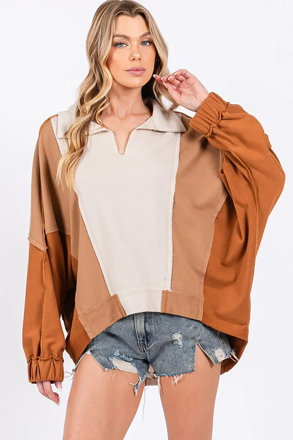 Colorblock Collared Pullover Sweatshirt for Boutiques Trendy Neutral Tones Sweater - Tasha Apparel Wholesale