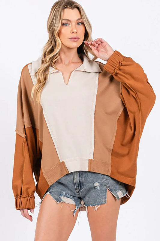 Colorblock Collared Pullover Sweatshirt for Boutiques Trendy Neutral Tones Sweater