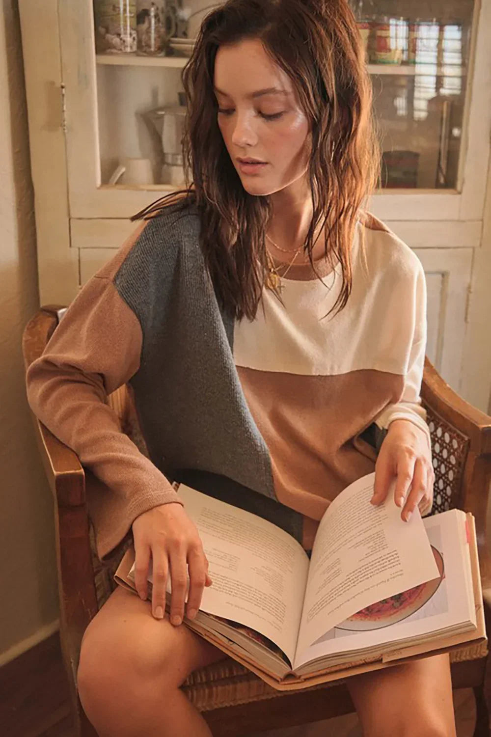 Oversize Colorblock Knit Sweater Neutral Tones Fall Winter Pullover Top - Tasha Apparel Wholesale