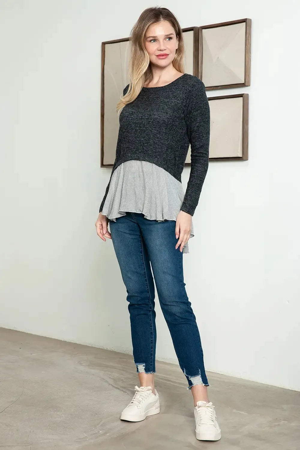 Knit Stripe Ruffle Tiered Button Long Sleeve Top - Tasha Apparel Wholesale