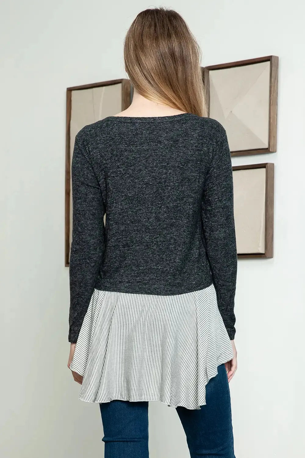 Knit Stripe Ruffle Tiered Button Long Sleeve Top - Tasha Apparel Wholesale