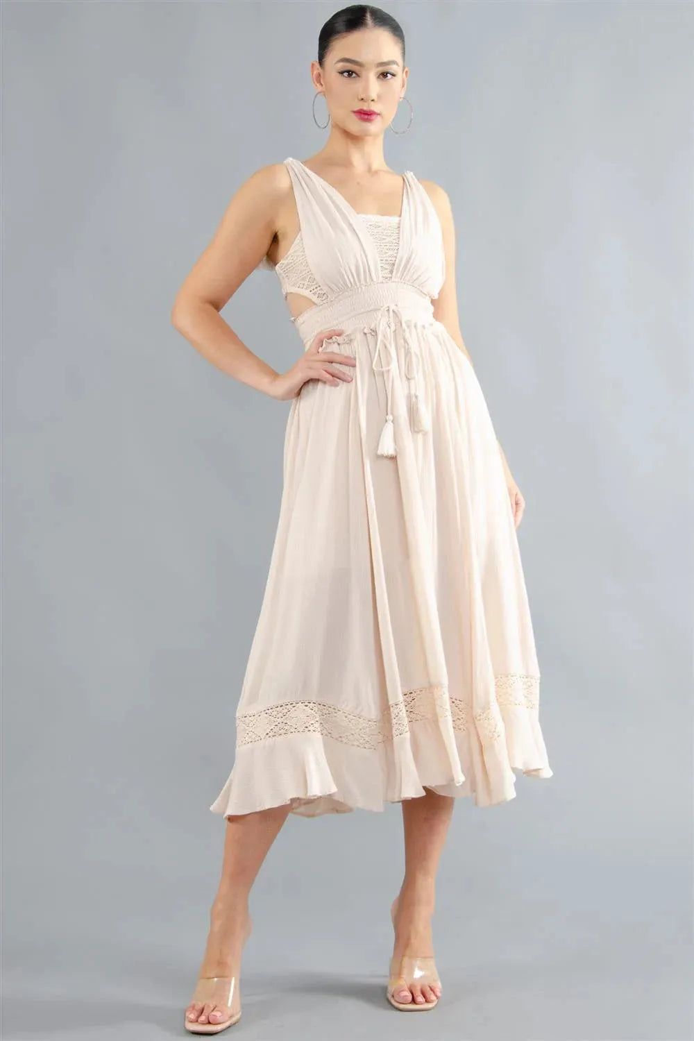 knee length dresses for ladies Bohemian Tassel Tie Waist Midi Dress