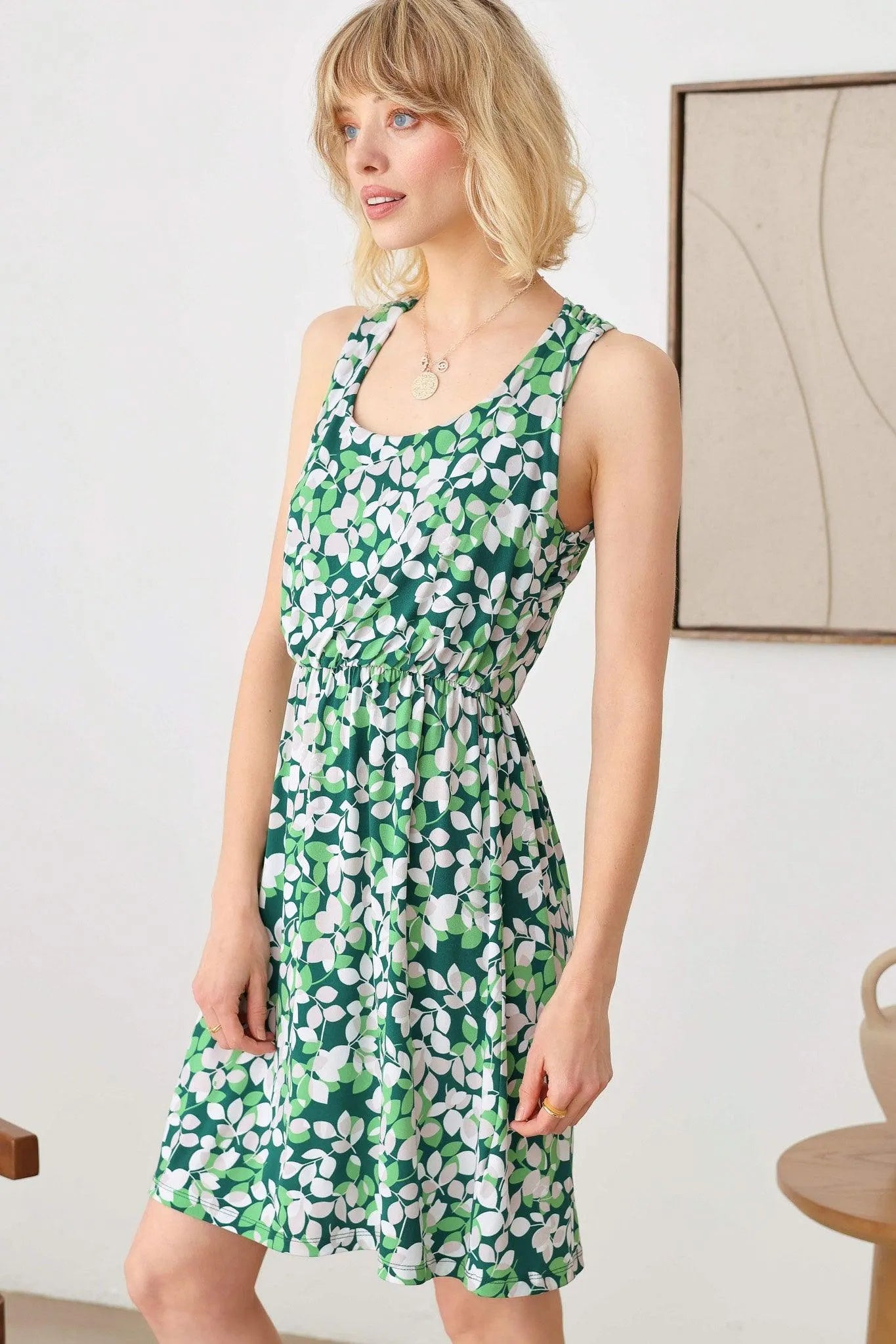 Casual Floral Print Cross Back Sleeve Flowy Hem Mini Dress - Tasha Apparel Wholesale