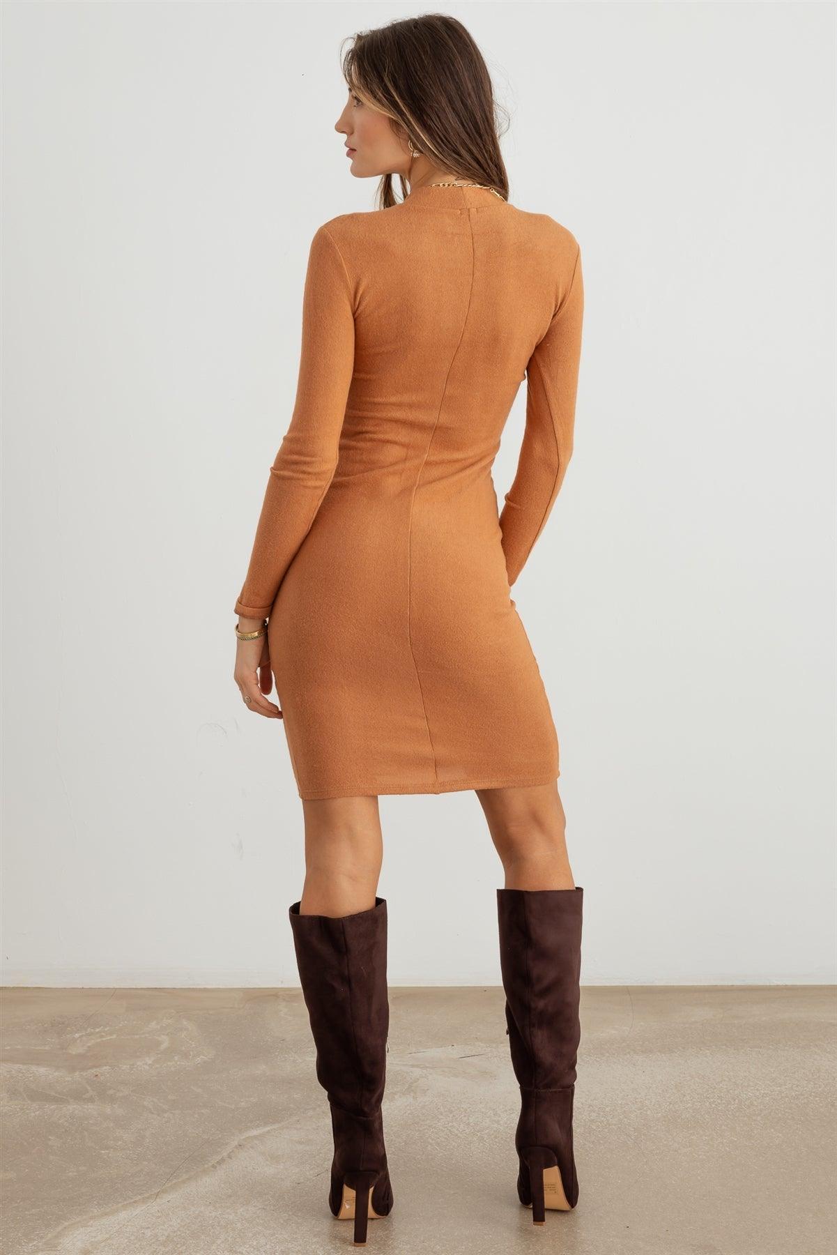 Brown Crew Neck Long Sleeve Soft To Touch Midi Dress /2-2-2
