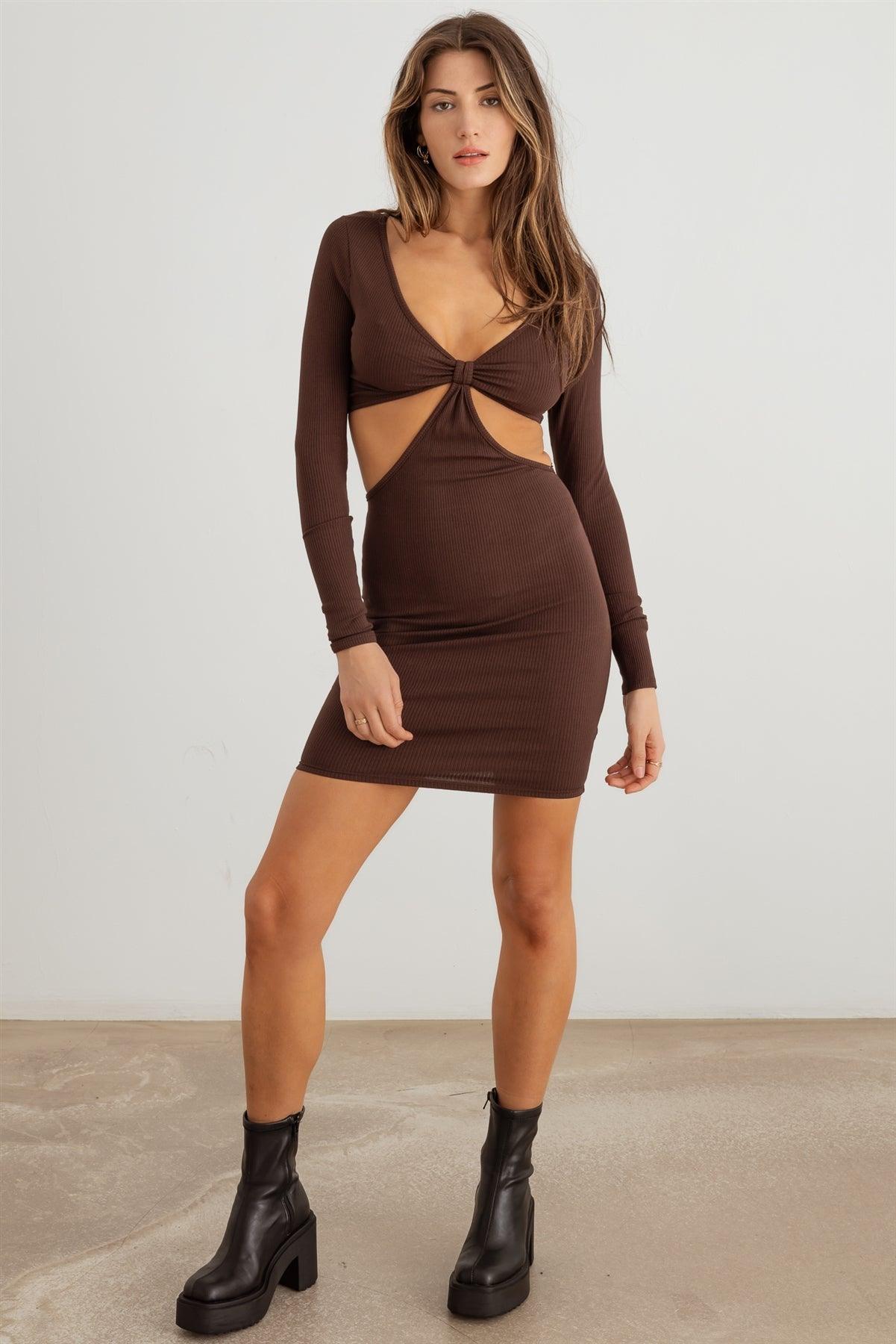 Chocolate Ribbed Front Bow Cut-Out Side Mini Dress /2-2-2