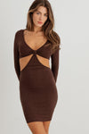 Chocolate Ribbed Front Bow Cut-Out Side Mini Dress /2-2-2