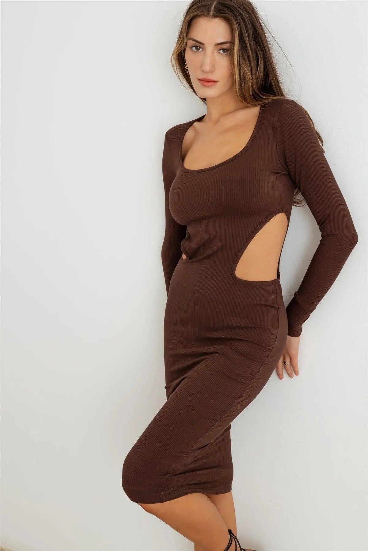 Ribbed Cut-Out Long Sleeve Midi Dress - Tasha Apparel Wholesale