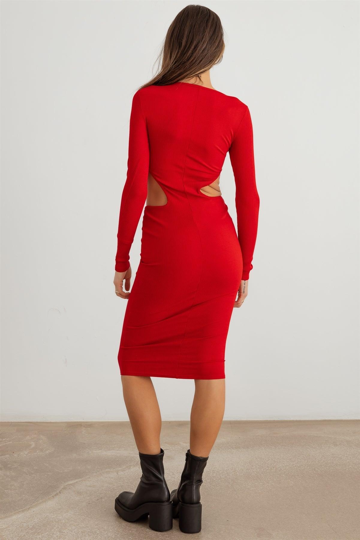 Red Ribbed Cut-Out Long Sleeve Midi Dress /2-2-2