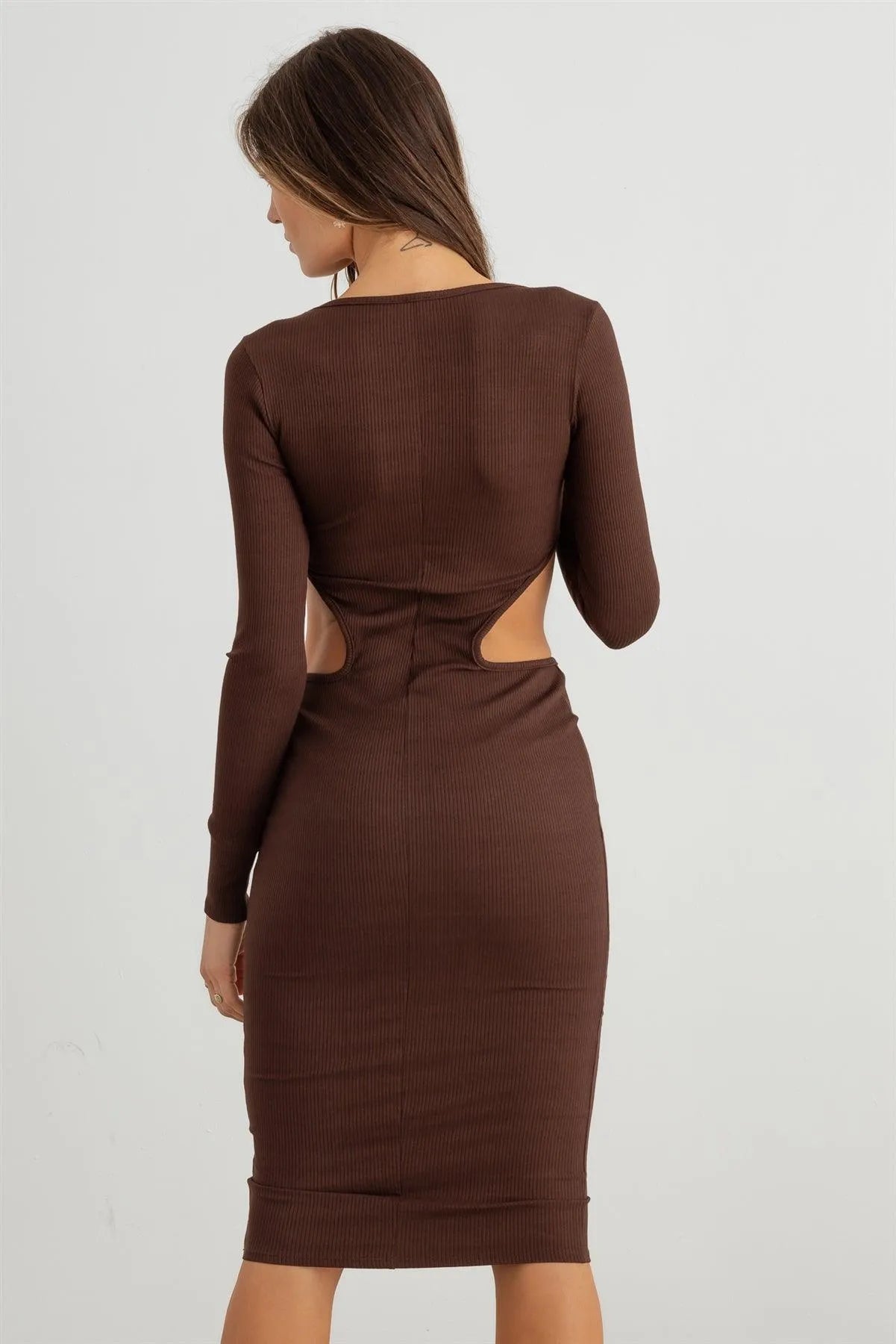 Ribbed Cut-Out Long Sleeve Midi Dress - Tasha Apparel Wholesale