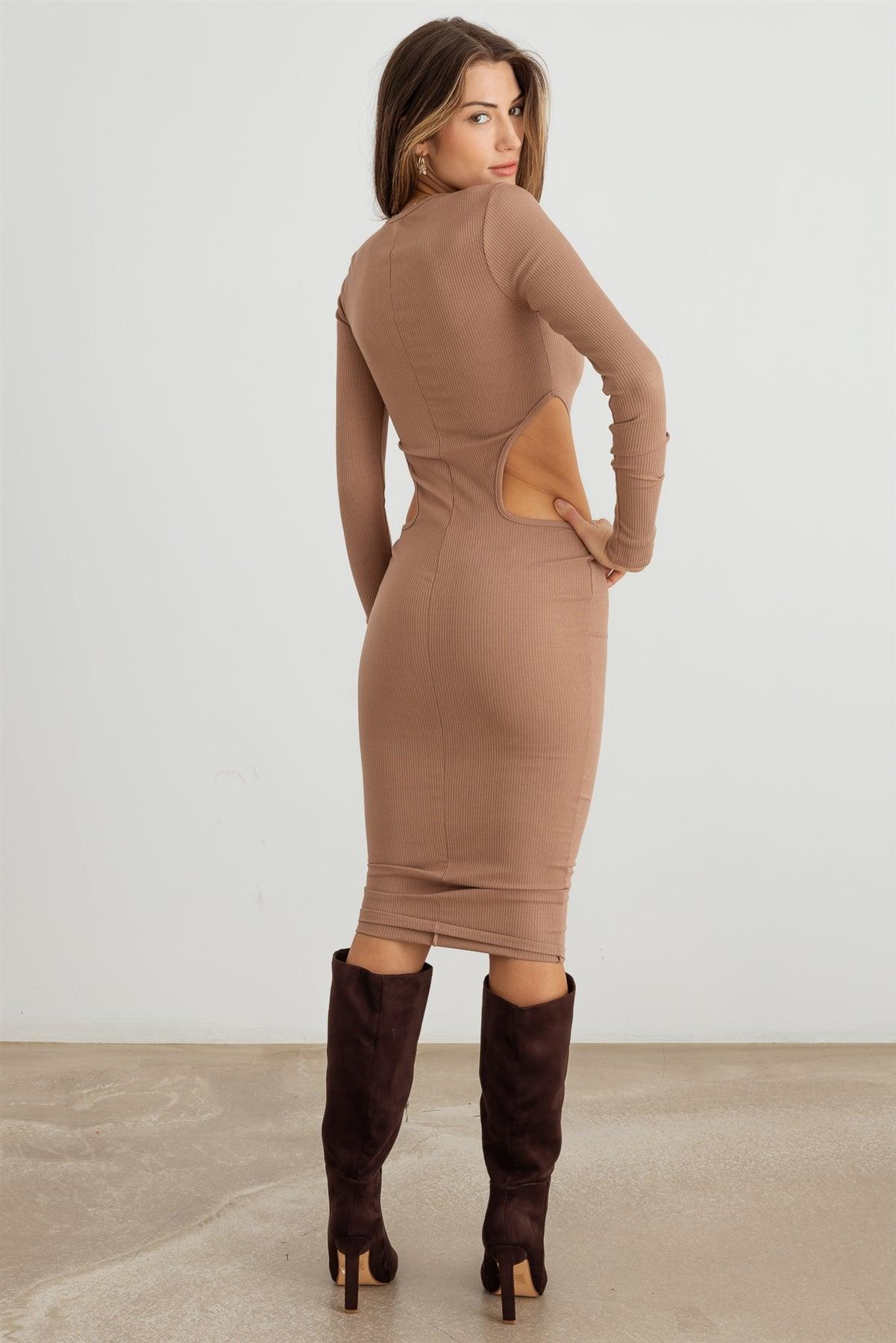 Nude Ribbed Cut-Out Long Sleeve Midi Dress /2-2-2