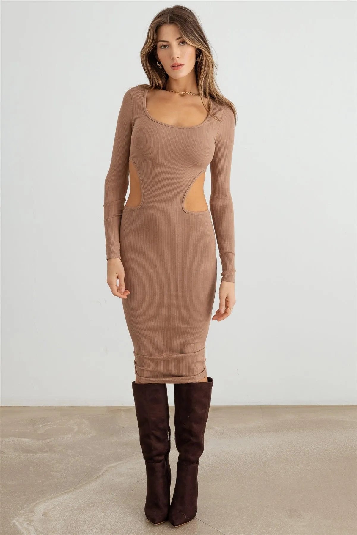 Ribbed Cut-Out Long Sleeve Midi Dress - Tasha Apparel Wholesale