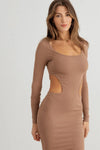 Ribbed Cut-Out Long Sleeve Midi Dress - Tasha Apparel Wholesale