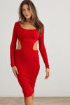 Red Ribbed Cut-Out Long Sleeve Midi Dress /2-2-2