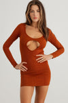 Rust Ribbed Scoop Neck Cut-Out Long Sleeve Mini Dress /2-2-2