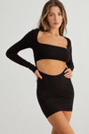 Black Ribbed Square Neck Cut-Out Front Long Sleeve Mini Dress /2-2-2