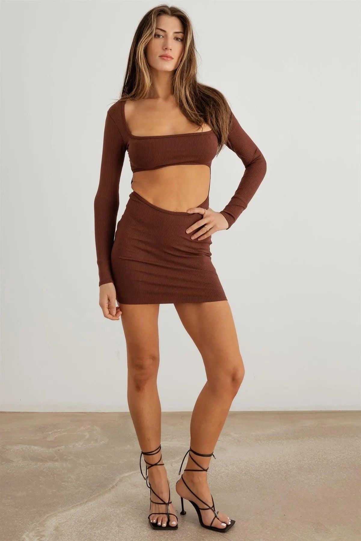 Ribbed Square Neck Cut-Out Front Open Back Mini Dress - Tasha Apparel Wholesale