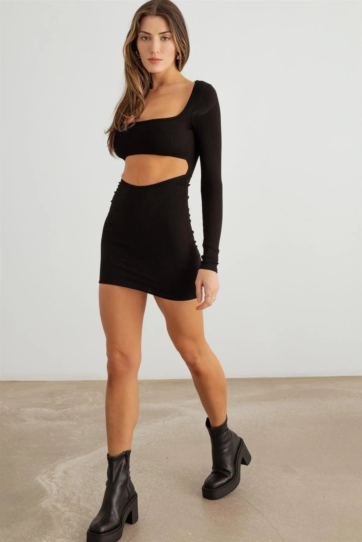 Ribbed Square Neck Cut-Out Front Open Back Mini Dress - Tasha Apparel Wholesale