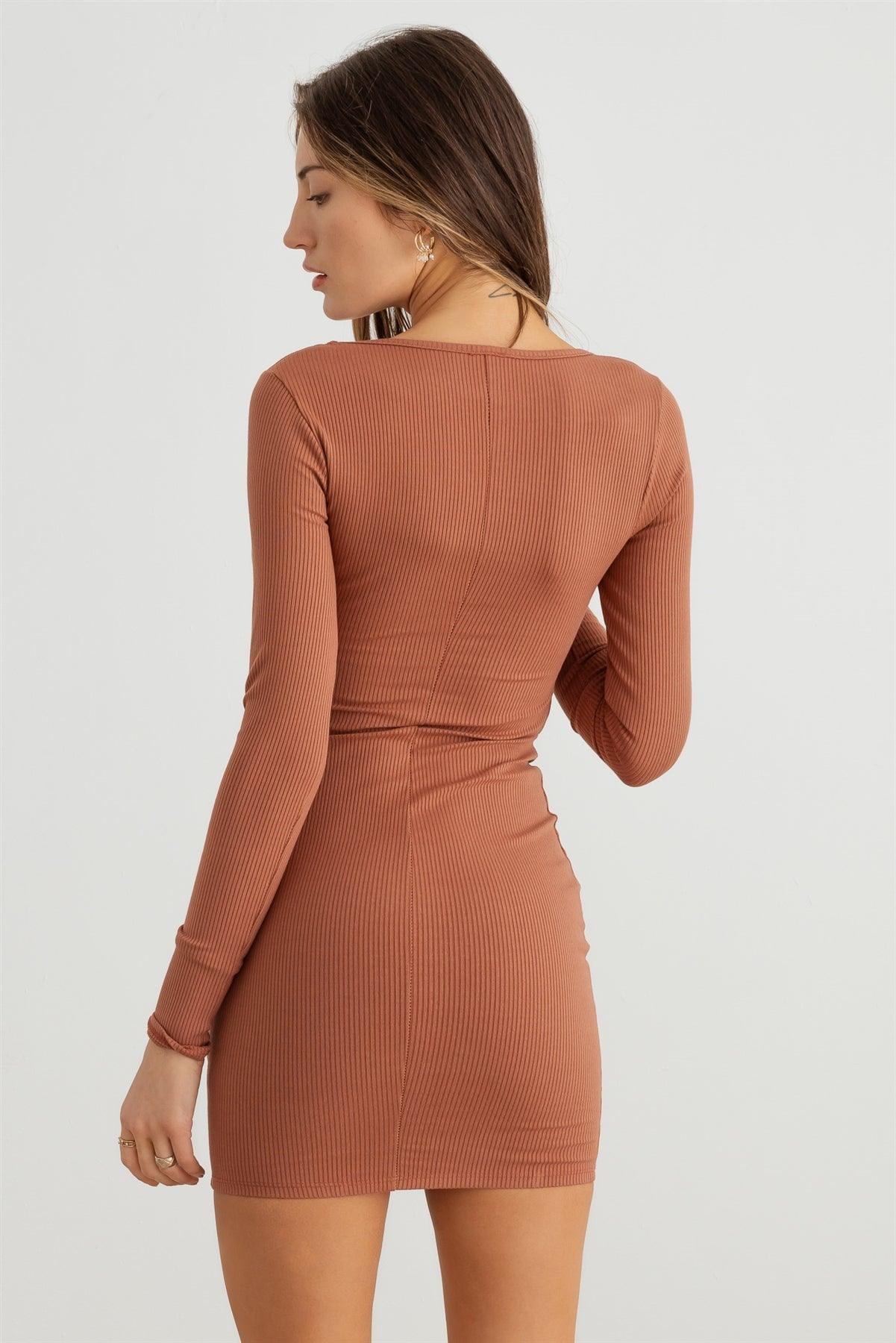 Mocha Ribbed Square Neck Cut-Out Front Open Back Mini Dress /2-2-2