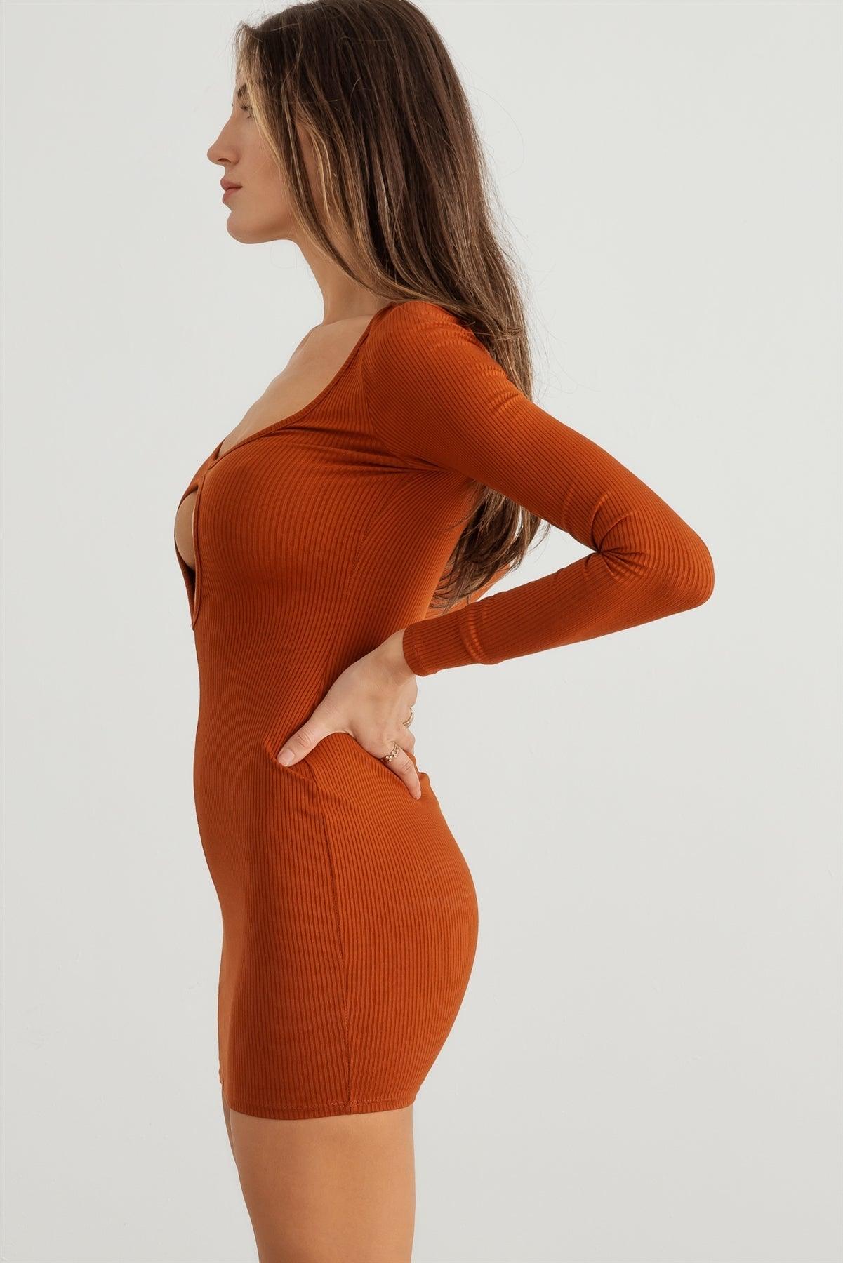 Rust Ribbed V-Neck Cut-Out Side Long Sleeve Mini Dress /2-2-2