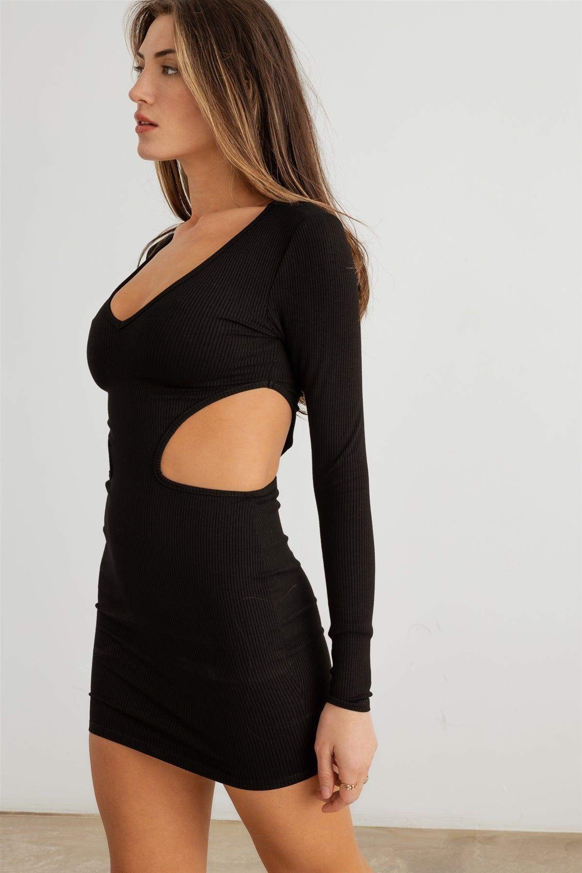 Black Ribbed V-Neck Cut-Out Side Long Sleeve Mini Dress /2-2-2