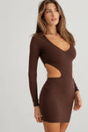 Ribbed V-Neck Cut-Out Side Long Sleeve Mini Dress - Tasha Apparel Wholesale