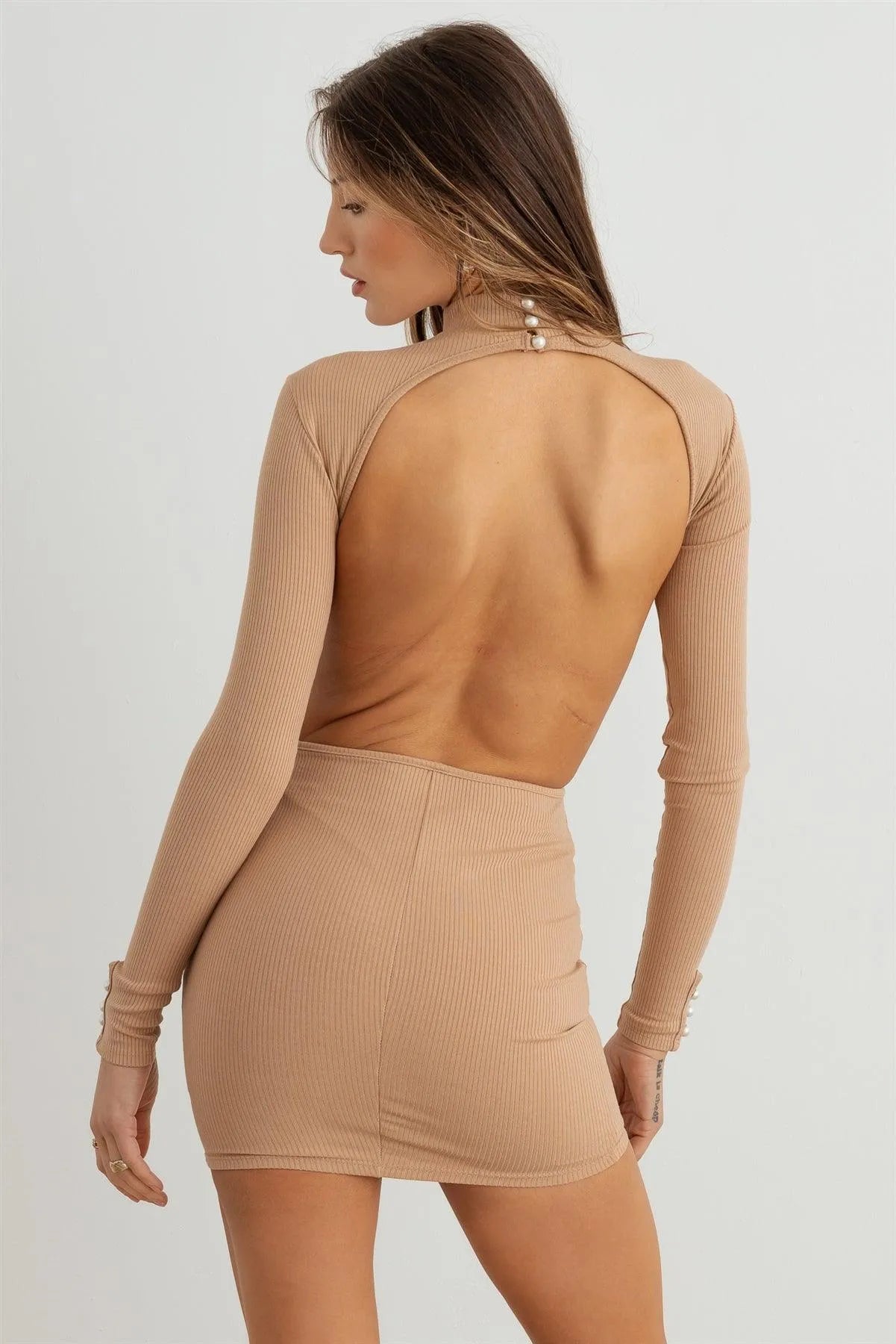 Ribbed Open Back Cut Out Long Sleeve Mini Dress - Tasha Apparel Wholesale