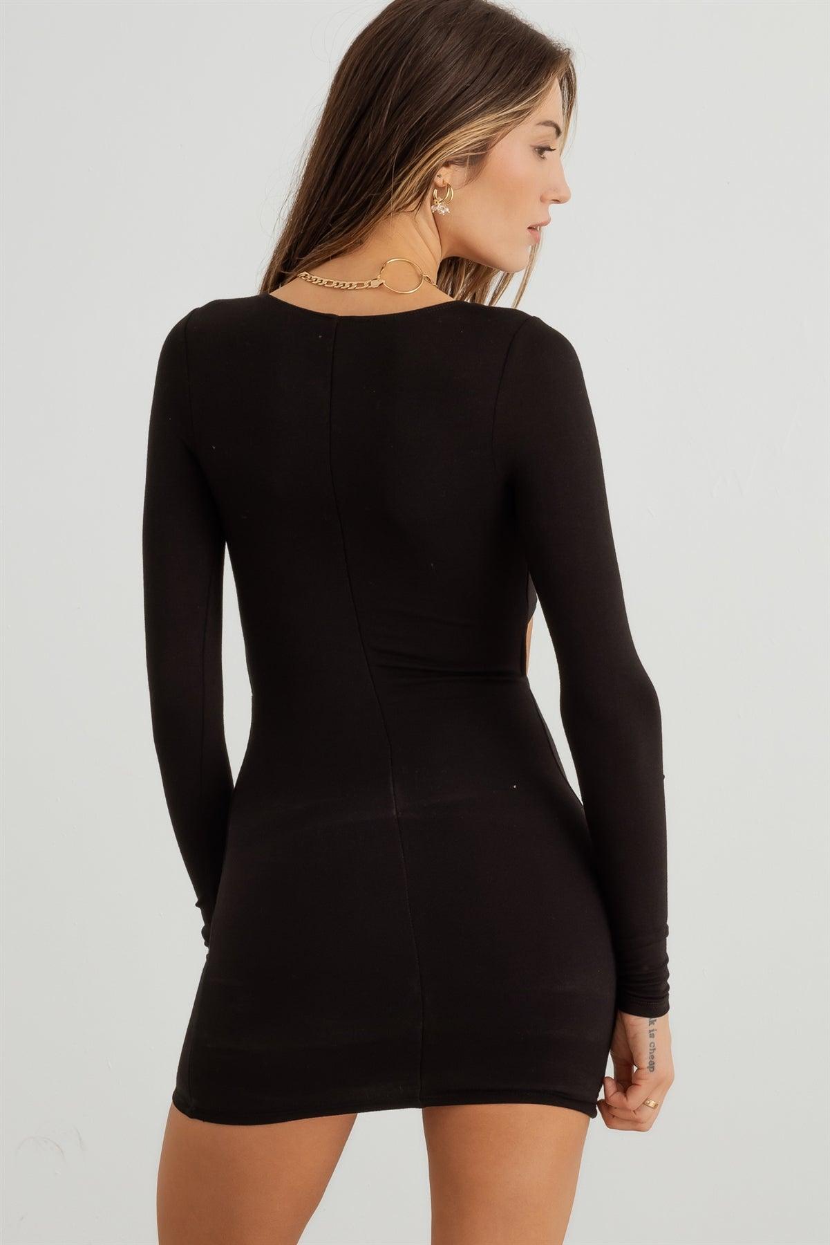Black Lace-Up Cut-Out Front Long Sleeve Mini Dress /2-2-2