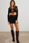 Black Lace-Up Cut-Out Front Long Sleeve Mini Dress /2-2-2