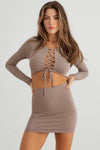 Taupe Lace-Up Cut-Out Front Long Sleeve Mini Dress /2-2-2