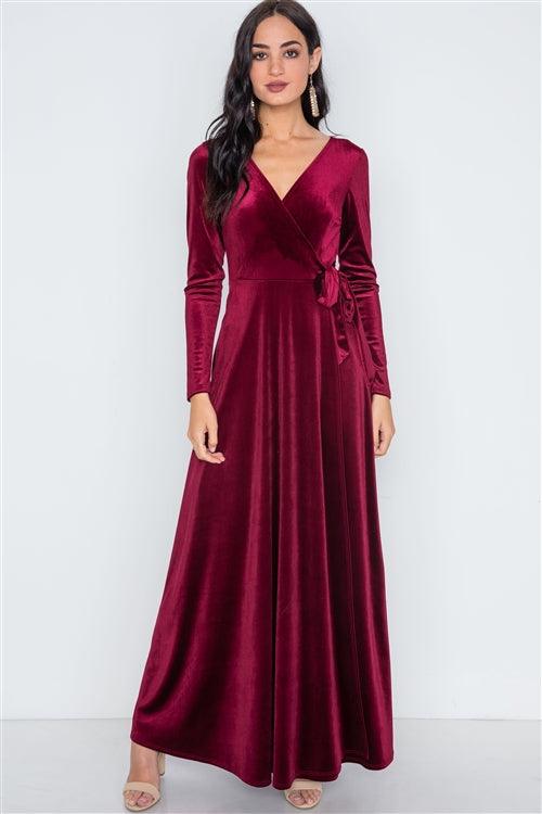 Burgundy Velvet Surplice Neck Maxi Evening Dress - Tasha Apparel