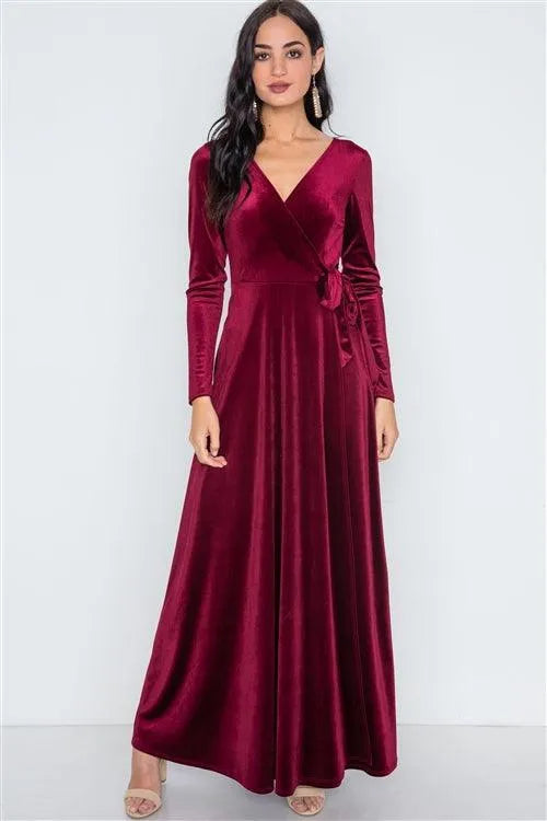 Burgundy Velvet Surplice Neck Maxi Evening Dress - Tasha Apparel Wholesale