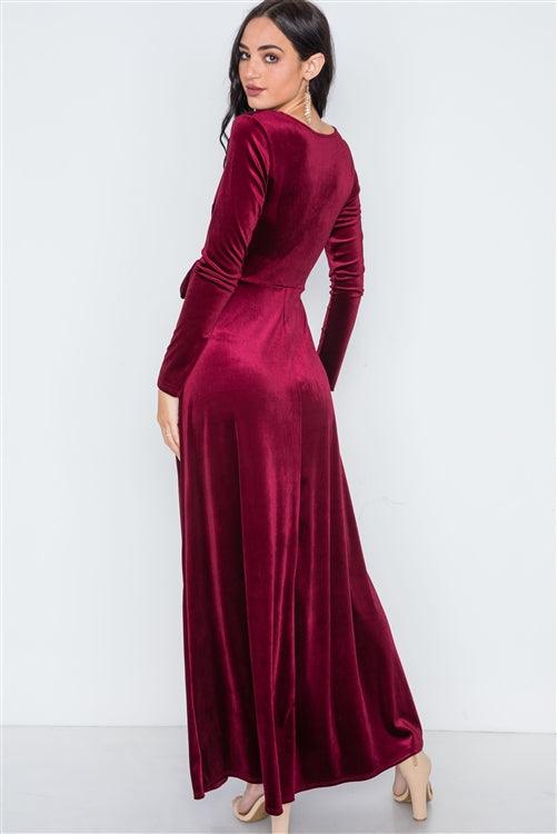 Burgundy Velvet Surplice Neck Maxi Evening Dress - Tasha Apparel