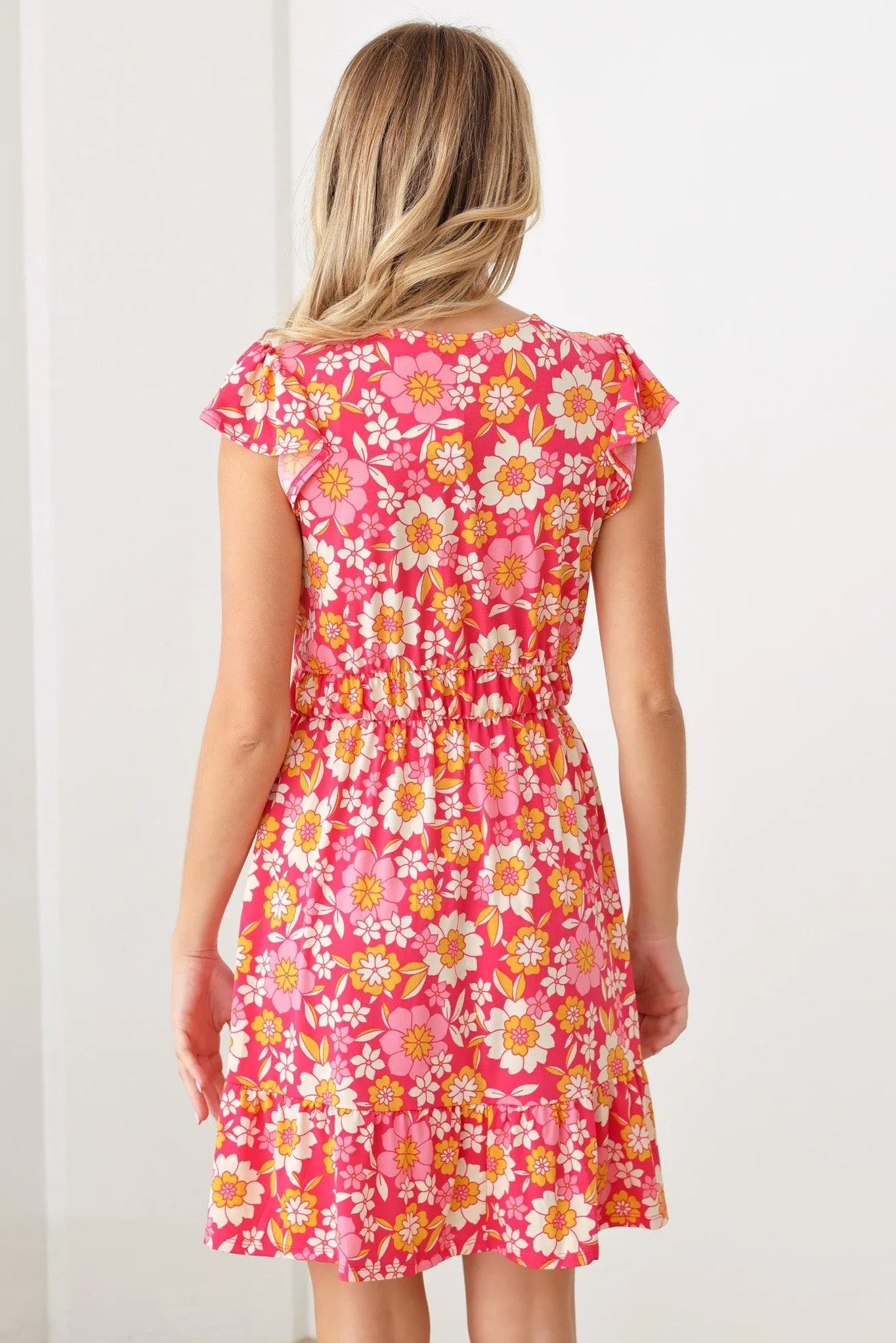 Floral Print Ruffle Cap Sleeves Babydoll Mini Dress - Tasha Apparel Wholesale